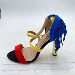 Yellow Cross Strap Tassels Open Toe Gold Metal Chain Chunky High Heels Sandals